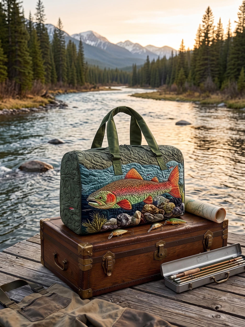 Fishing Quilted Duffle Bag – Rustic Cabin Angler Travel Weekender Tote, Outdoor Lake Adventure Overnight Bag, Fisherman Gift