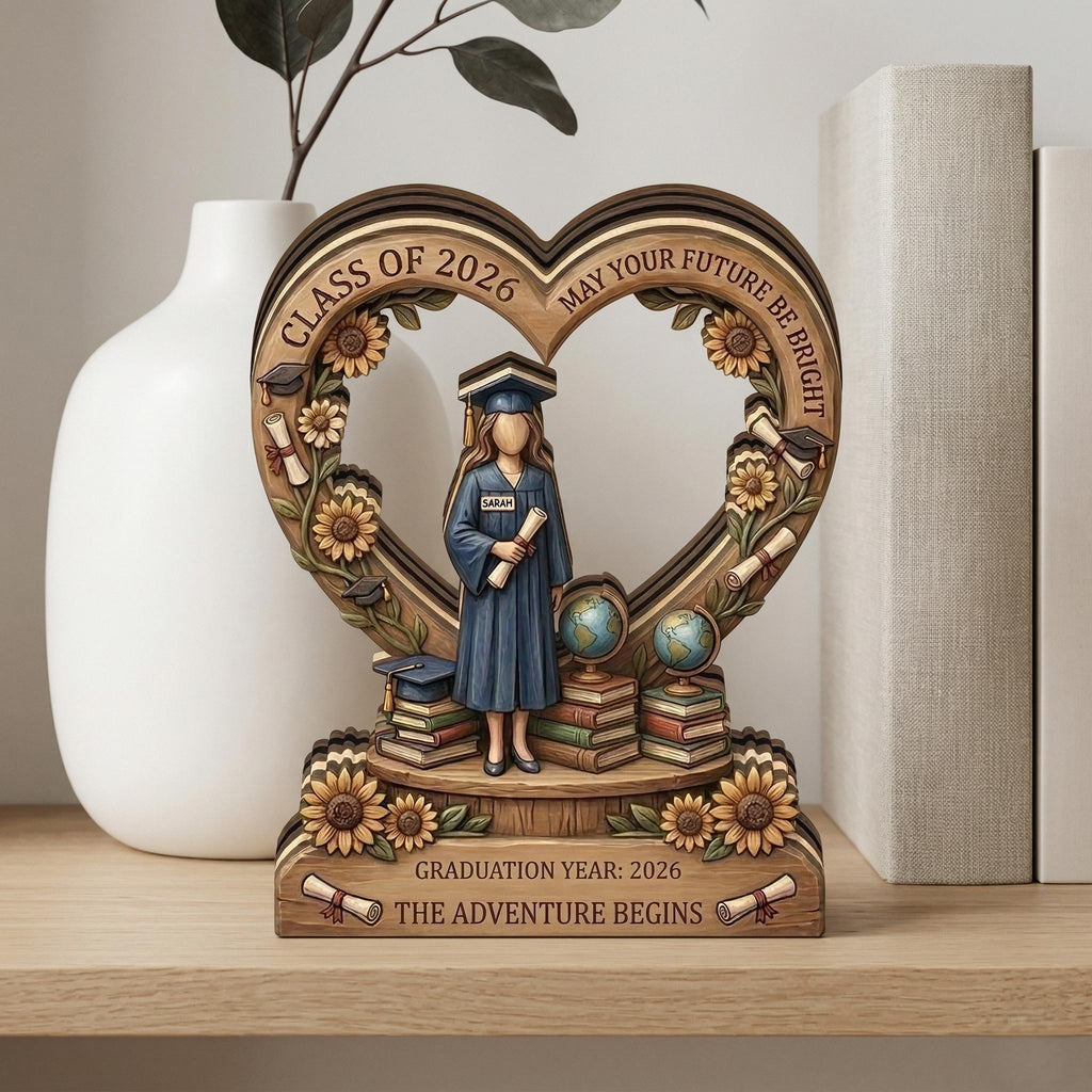 Personalized Graduation Wooden Block, Class of 2026 Keepsake, Custom Name 3D Printed Wood Sign, Sunflower Senior Gift, High School Grad Gift