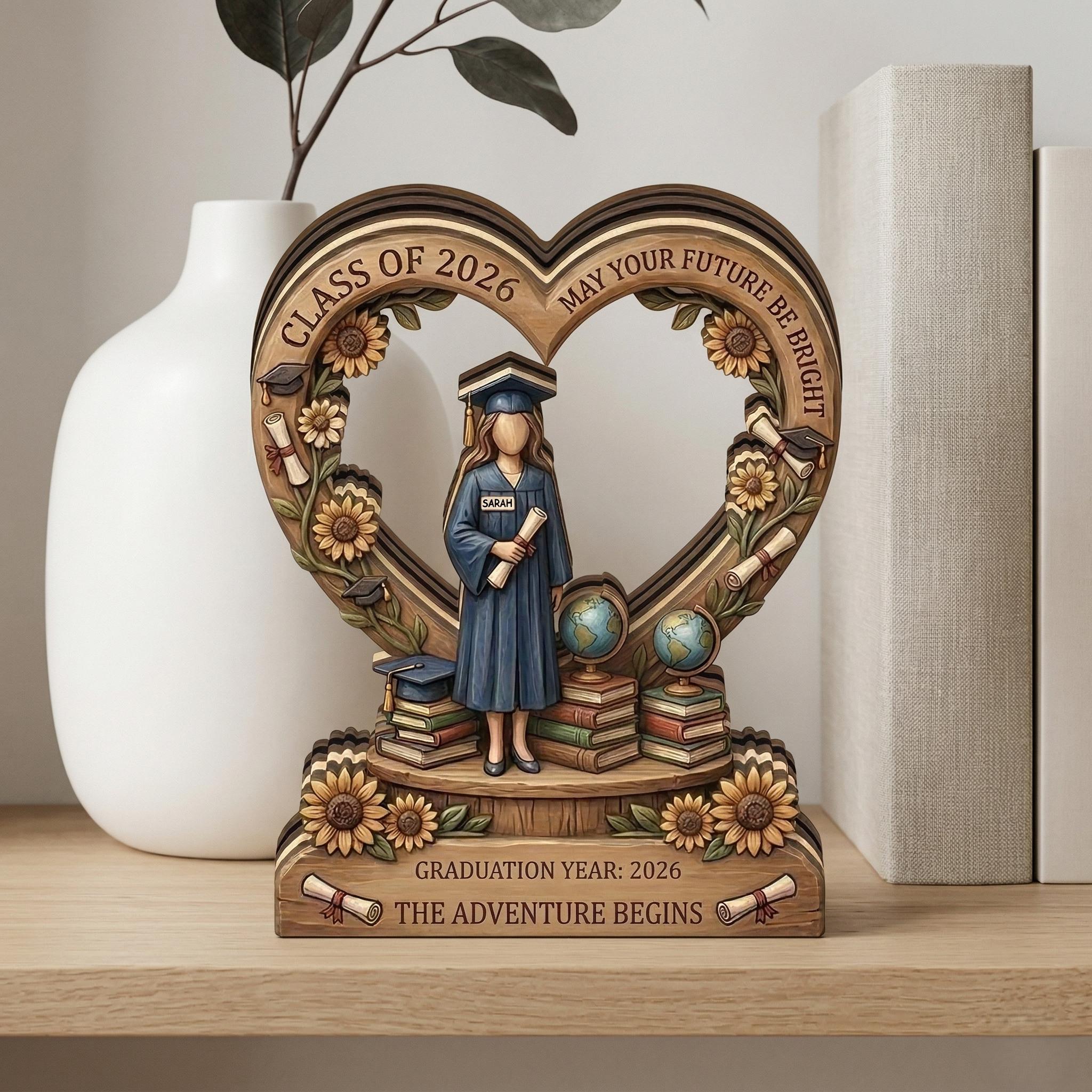 Personalized Graduation Wooden Block, Class of 2026 Keepsake, Custom Name 3D Printed Wood Sign, Sunflower Senior Gift, High School Grad Gift