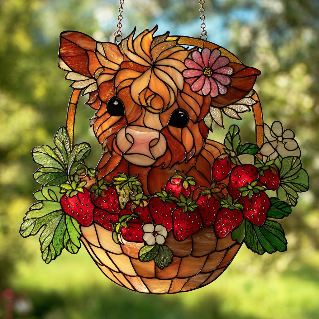 Highland Cow Strawberry Suncatcher Stained Style Farm Animal Floral Window Hanging Decor Gift for Kitchen