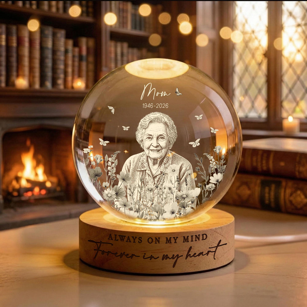 Custom Mom Memorial Crystal Ball Night Light, Engraved Photo Light Night, Loss of Mother Gift, Always on My Mind, Mothers Day Gift for Mom