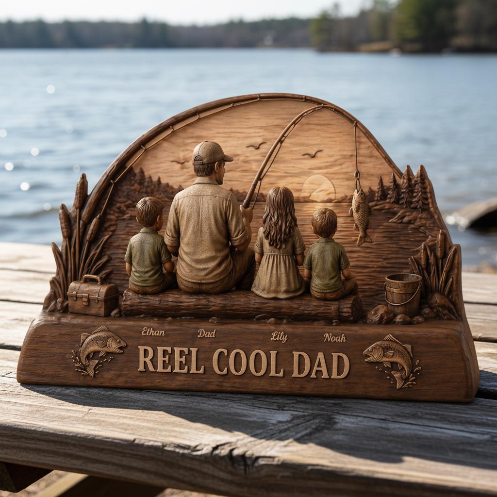 Personalized Reel Cool Dad Fishing Lover Wooden Sculpture Custom Kid Name Father's Day 2D Flat Block Fishing Dad Gift Idea for New Dad Decor