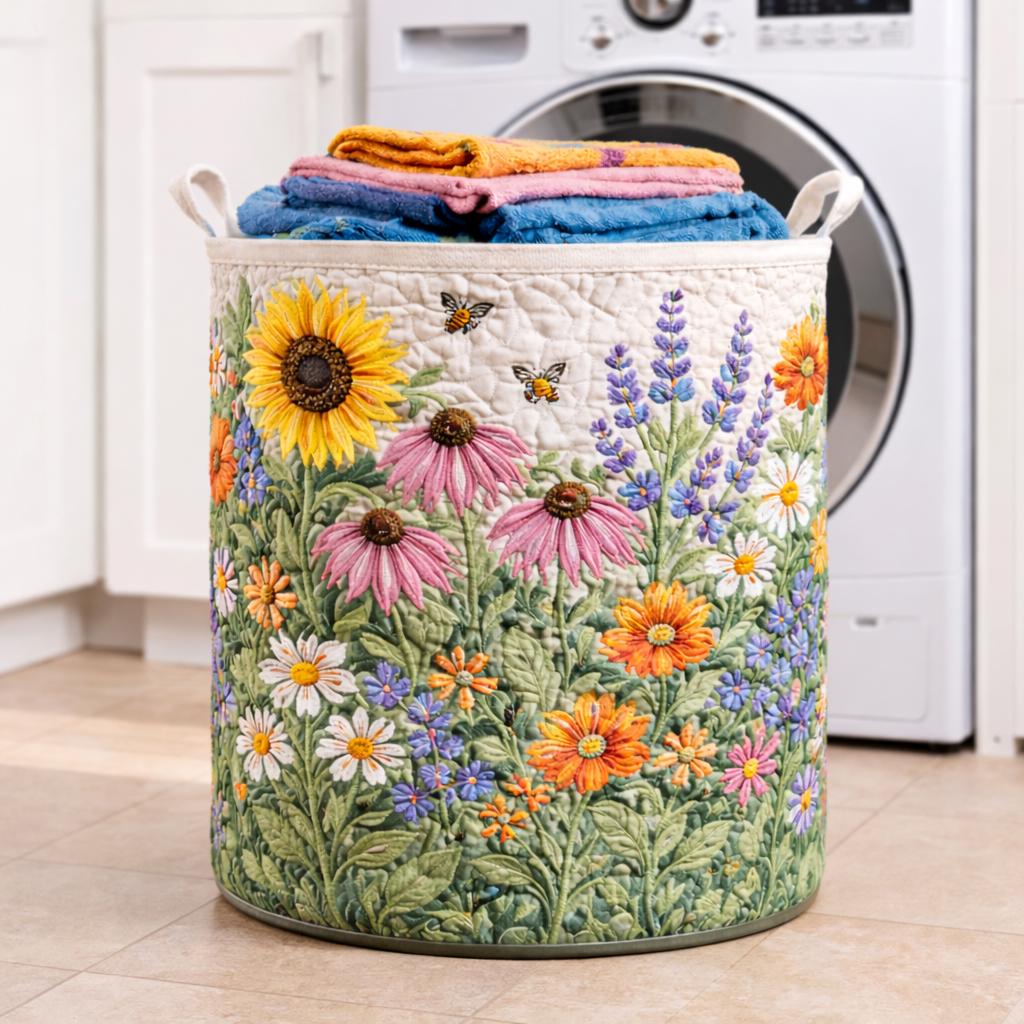 Quilted Laundry Basket, Floral Fabric Hamper, Laundry Storage Bin, Boho Laundry Basket, Decorative Hamper, Laundry Room Decor, Gift for Mom
