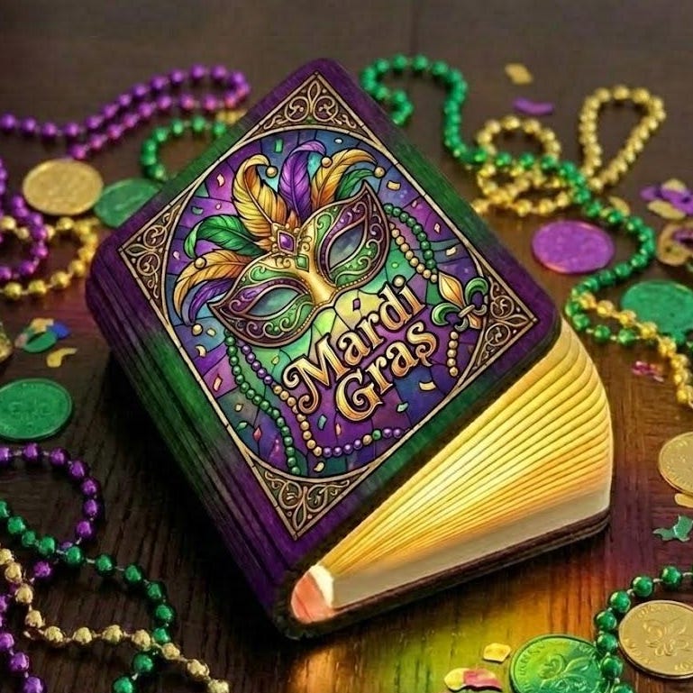 Mardi Gras Book Lamp, Carnival Mask Night Light, Louisiana Reading Lamp, Mardi Gras Festival Book Light, Fluer De Lis Mardi Gras Decor
