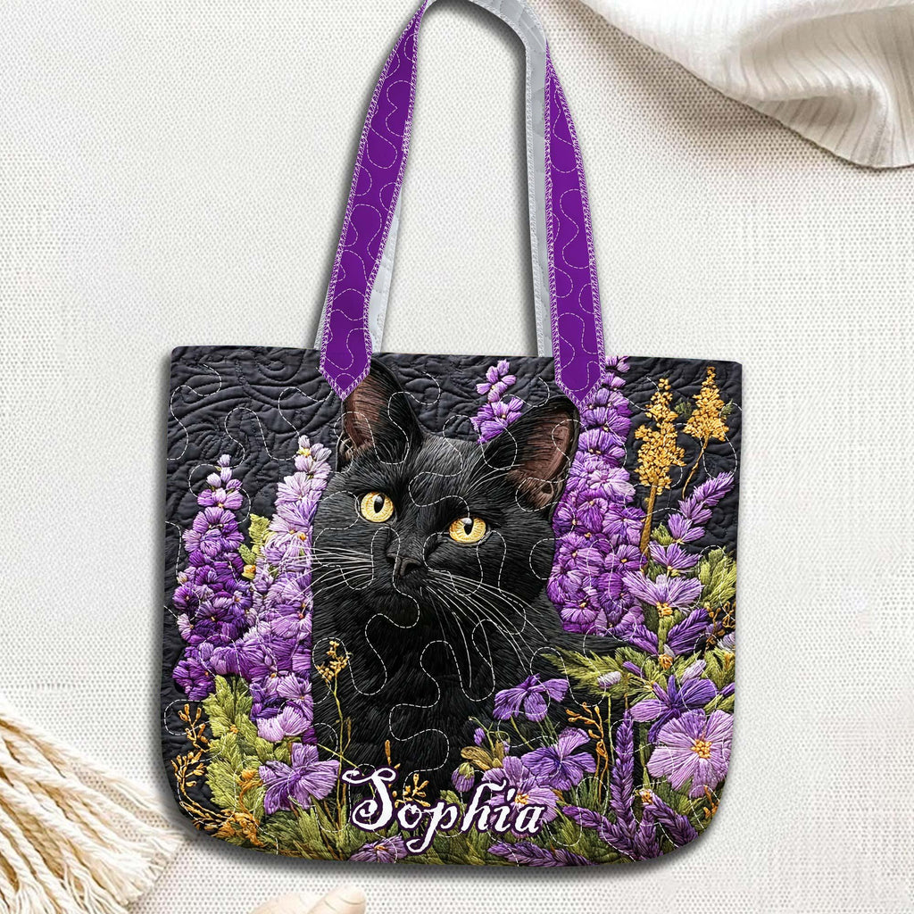 Personalized Black Cat Quilted Tote Bag, Custom Name Floral Cat Design, Purple Garden Quilt Art Tote, Unique Gift for Cat Lovers