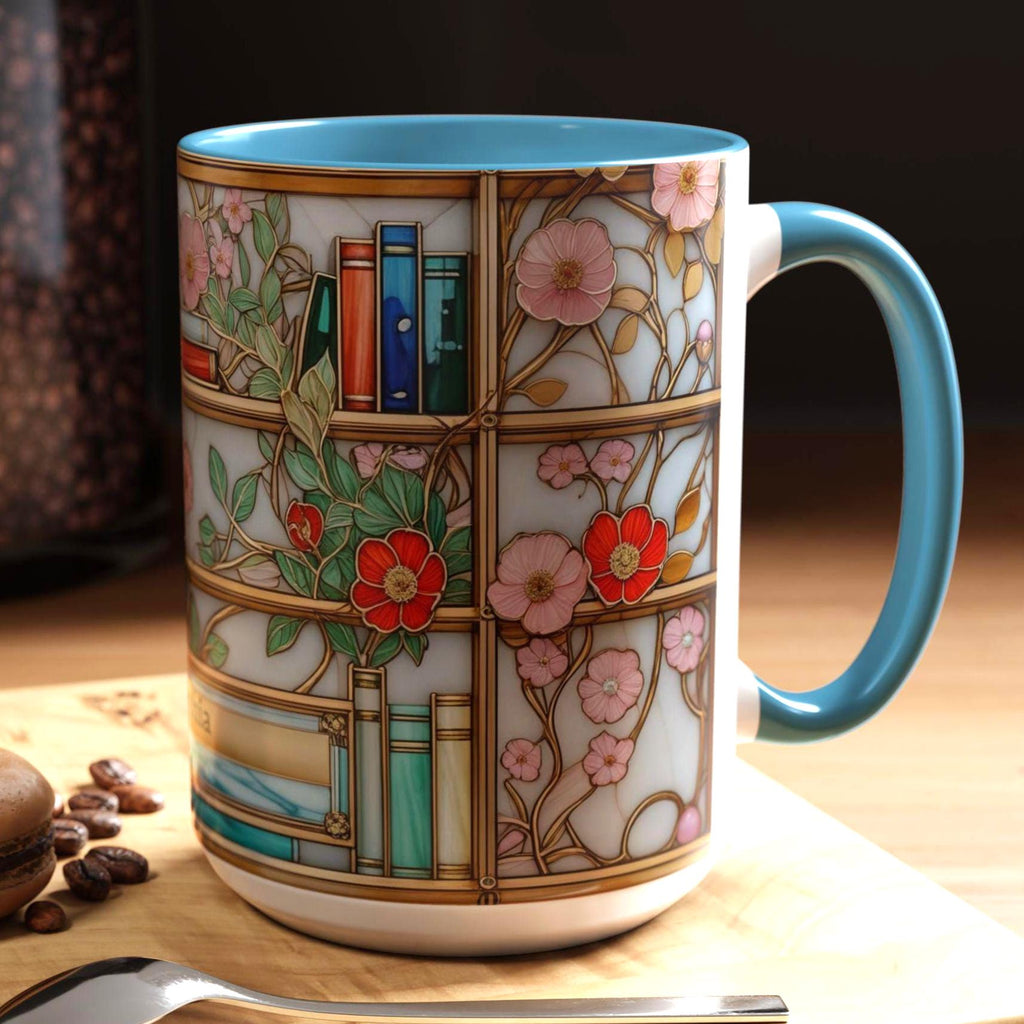 Stained Glass Bookshelf Mug, Floral Coffee Cup, Book Lover Gift, Premium Ceramic Mug – Everyday Use & Gift Idea