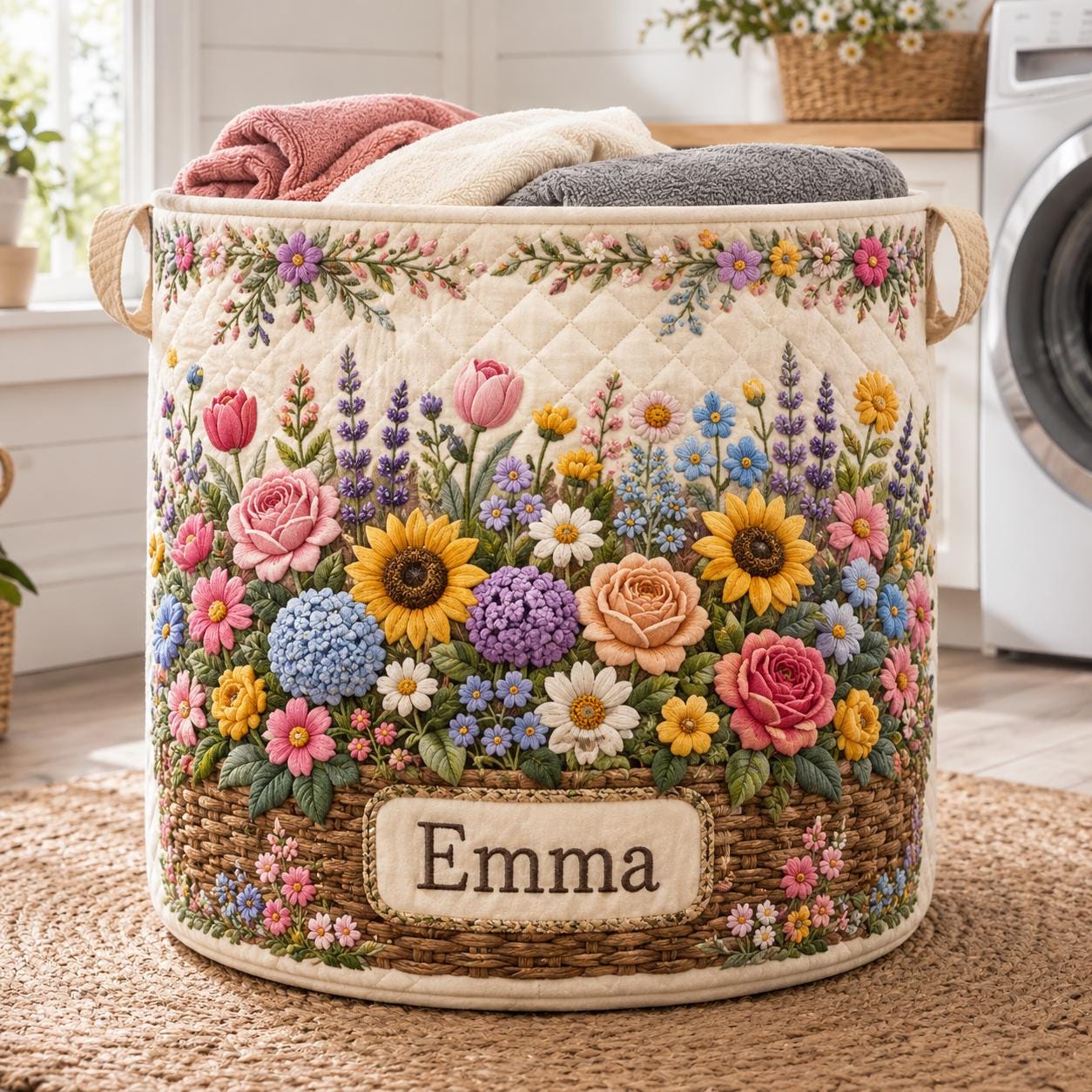 Personalized Floral Quilted Laundry Hamper, Botanical Nursery Storage Bin, Custom Name Laundry Basket, Garden Room Organizer