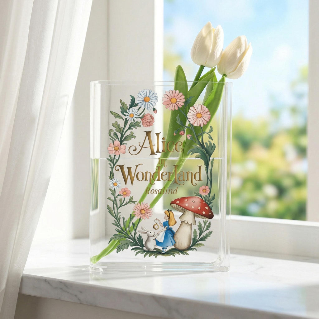 Alice in Wonderland Acrylic Book Vase, Wonderland Flower Bookish Vase, Fairy Tale Book Shaped Vase, Whimsical Decor, Gift for Book Lovers