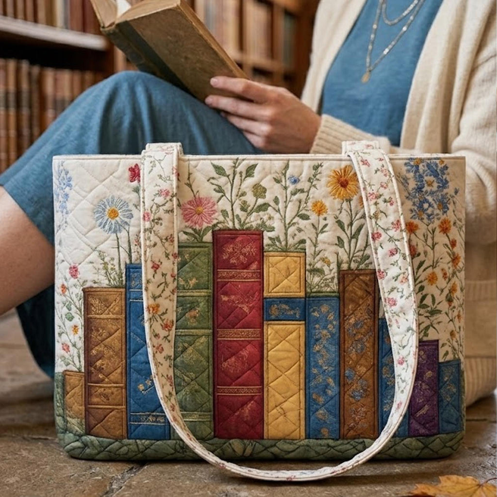 Quilted Book Lover Tote Bag – Vintage Floral Library Shoulder Bag, Reading Aesthetic Market Tote, Bookish Gift for Women