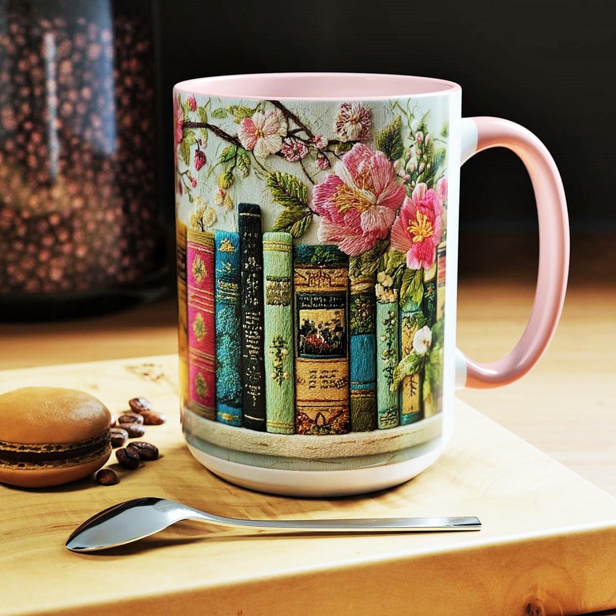 Floral Bookshelf Mug Embroidered Book Lover Design Cottagecore Reading Coffee Cup Vintage Library Aesthetic