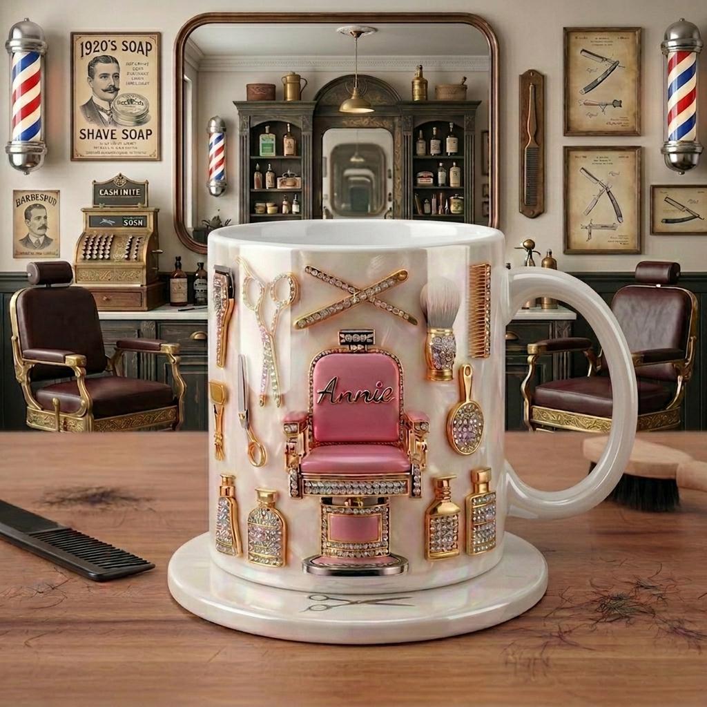 Custom Name Hairstylist Mug, Faux 3D Barber Chair Accent Drinkware, Personalized Salon Coffee Cup, Hairdresser Gift