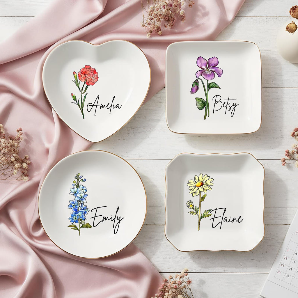 Personalised Birth Flower Trinket Dish, Custom Watercolor Flower Ring Dish, Birthday Jewelry Dish, Wedding Bridesmaid Gift,friendhship Gifts
