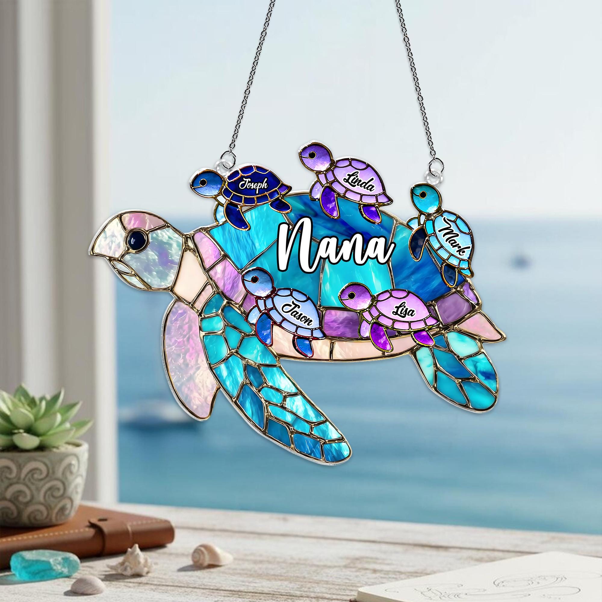 Personalized Grandma Turtle Acrylic Suncatcher, Nature Window Decor, Custom Family Names Hanging Window Decor