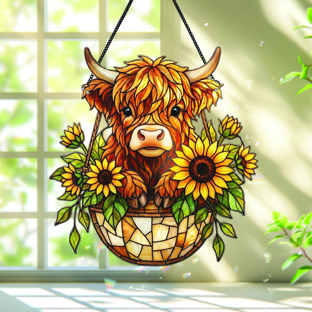 Sunflower Highland Cow Suncatcher, Whimsical Window Decor, Farm Animal Window Hanging, Country Farmhouse Decor, Cow Lover Gift, Baby Gift