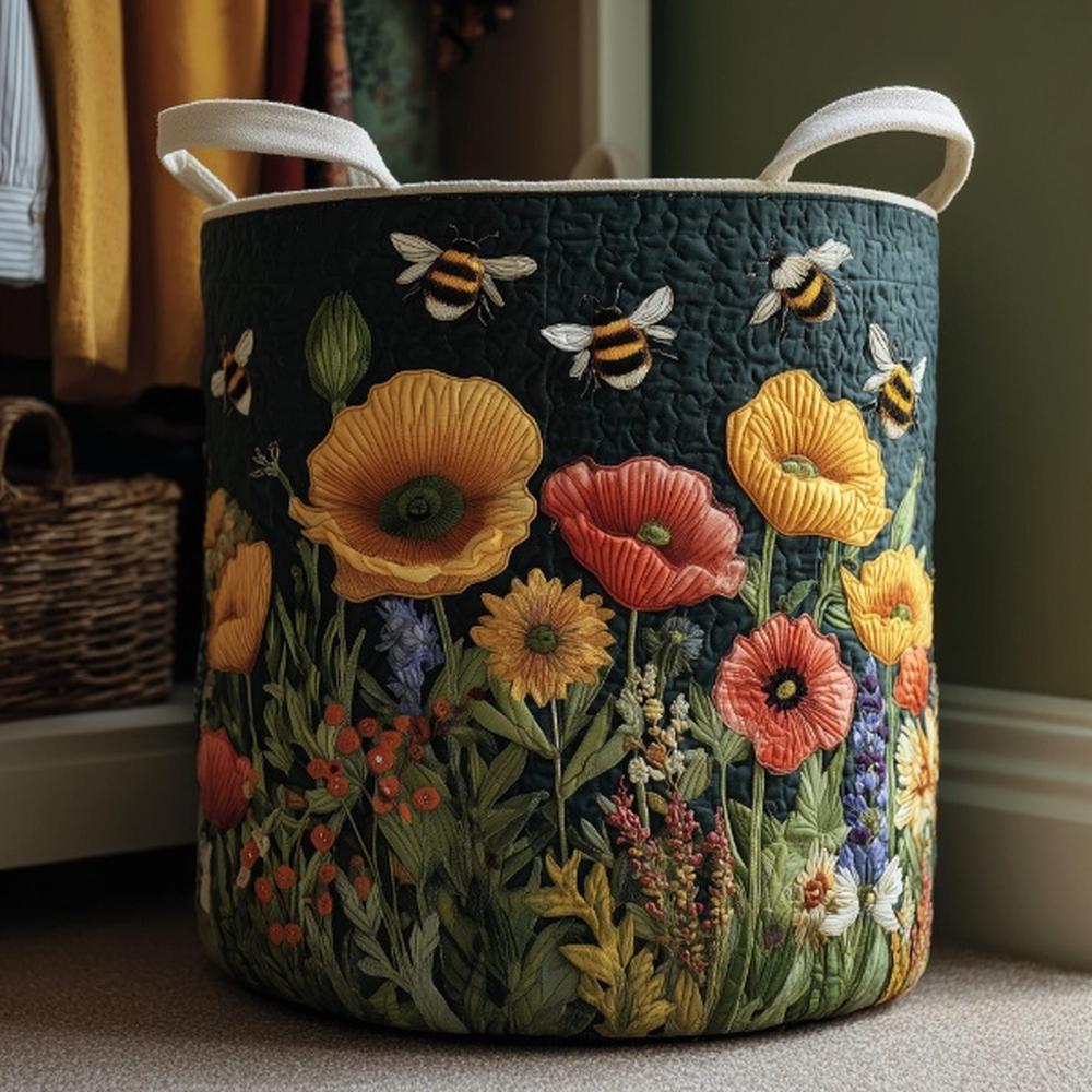 Bumble Haven Quilted Laundry Basket, Honey Bee Floral Storage Bin, Large Fabric Organizer Hamper