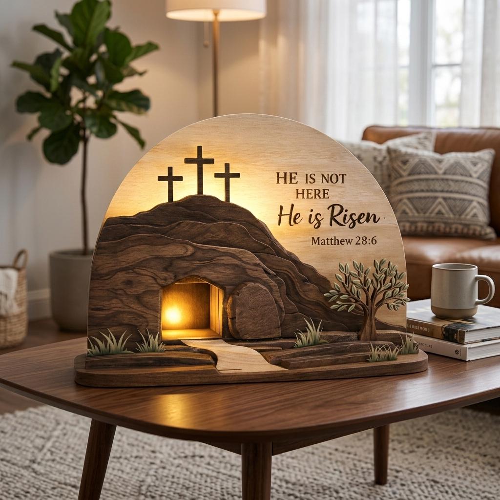 He is Risen Easte Wooden Block, Christian Resurrection Table Sign, Religious Home Decor Gift, Empty Tomb Cross Wood Shelf