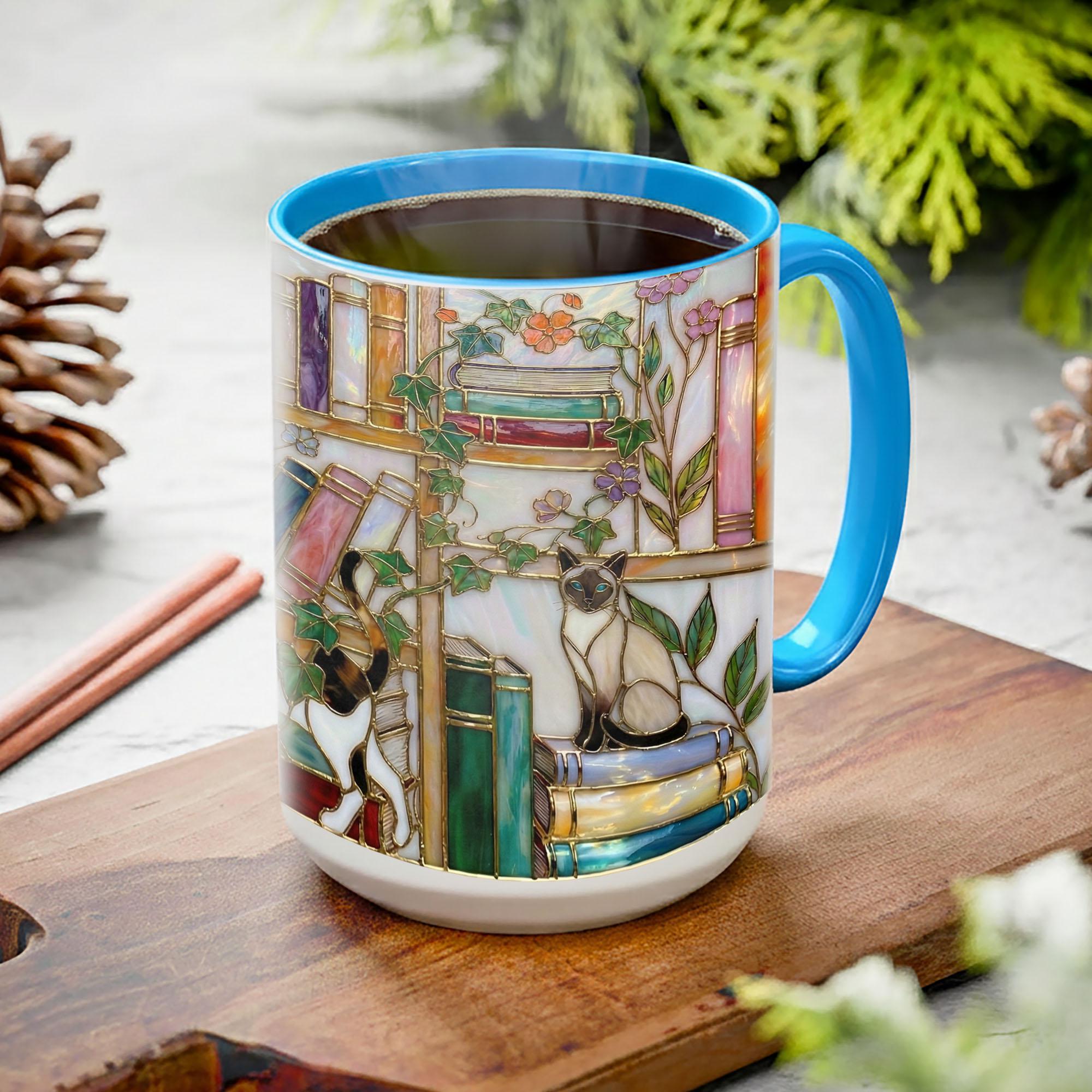 Stained Glass Book Lover Mug Floral With Cat Cottagecore Bookshelf Design Colorful Reading Bookish Cup 15oz Ceramic, Handle Color Mug
