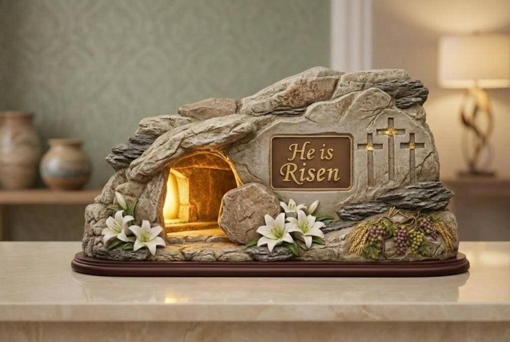 He is Risen Resurrection Tomb Statue - Elegant Christian Easter Home Decor - Lighted Religious Shelf Decor - Easter Celebration Gift