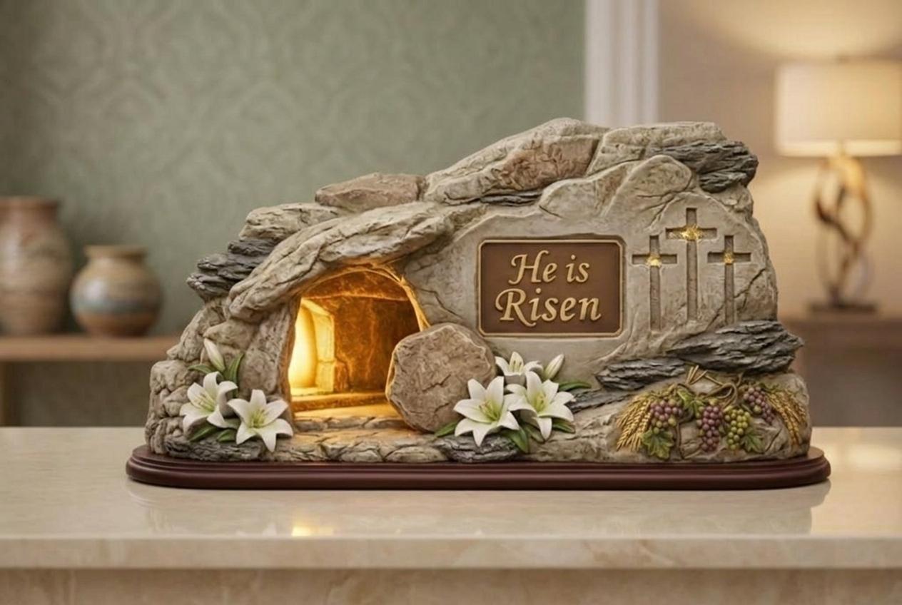 He is Risen Resurrection Tomb Statue - Elegant Christian Easter Home Decor - Lighted Religious Shelf Decor - Easter Celebration Gift
