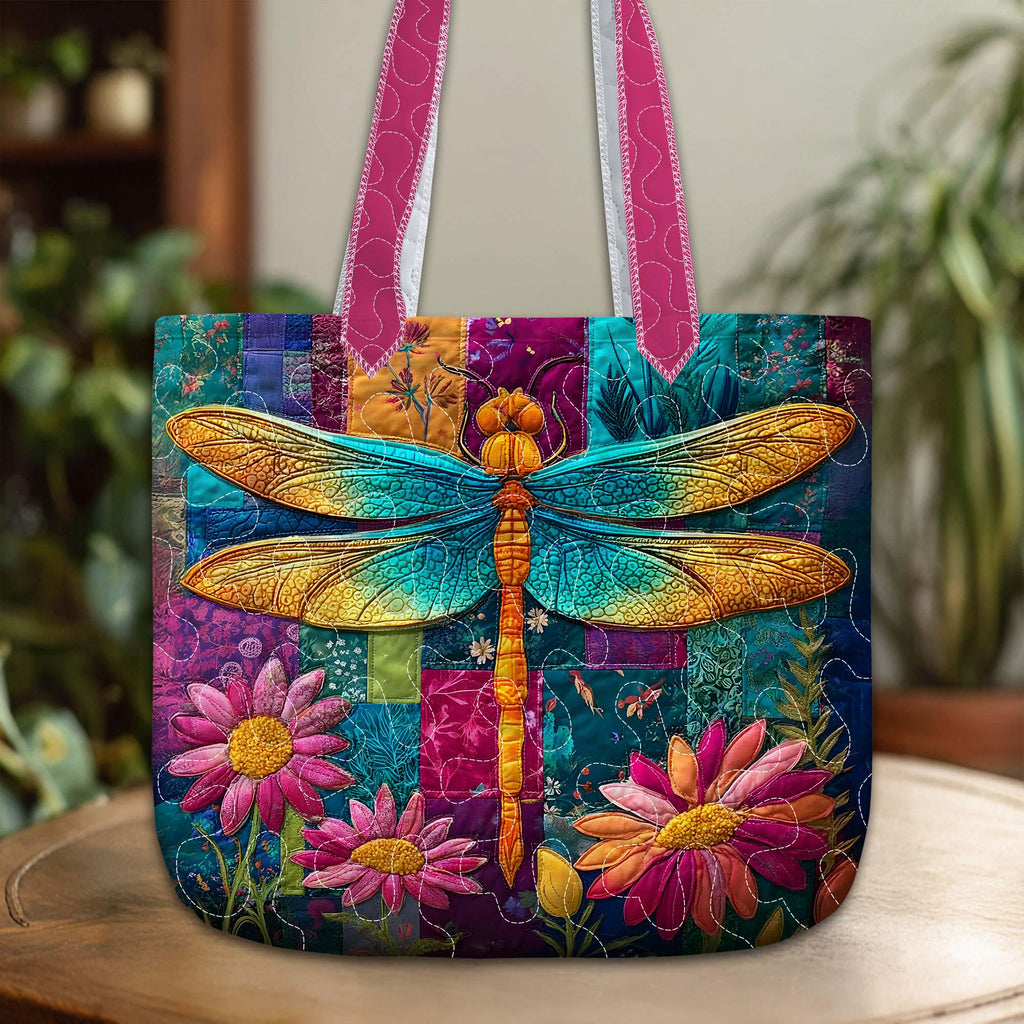 Colorful Dragonfly Quilted Tote Bag, Dragonfly With Wildflowers Bags, Boho Bags Gift for Women, Natural Lover Gift, Dragonfly Lover Gift