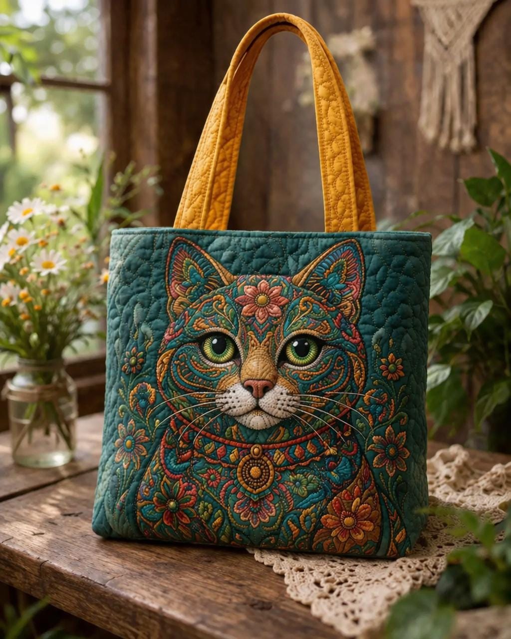 Colorful Cat Floral Quilted Tote Bag, Boho Cat Lover Tote, Cottagecore Patchwork Tote Bag, Handmade Style Bag, Gift for Her