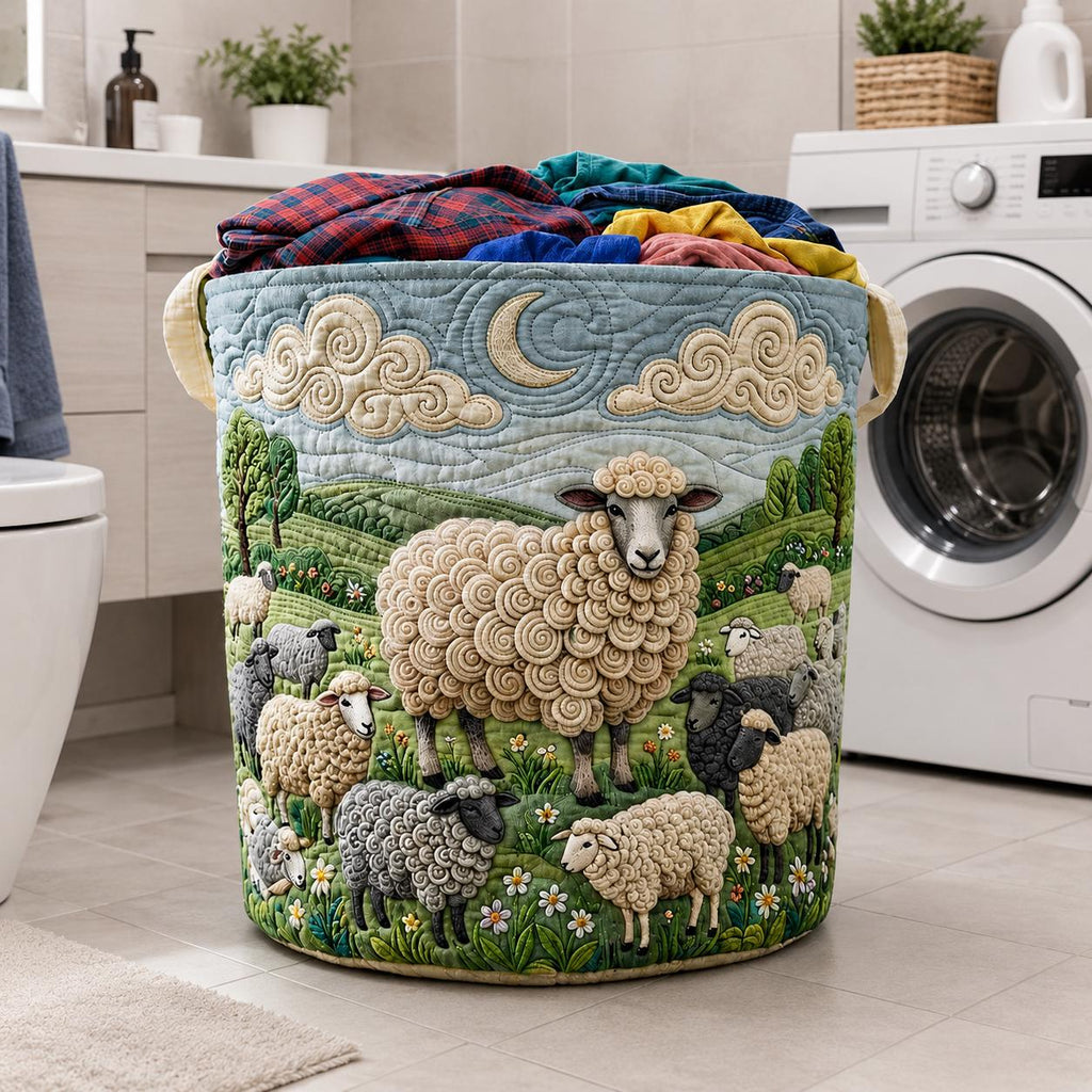 Quilted Laundry Basket With Sheep Farm Design, Large Fabric Hamper, Cute Nursery Storage Bin, Farmhouse Home Decor Organizer