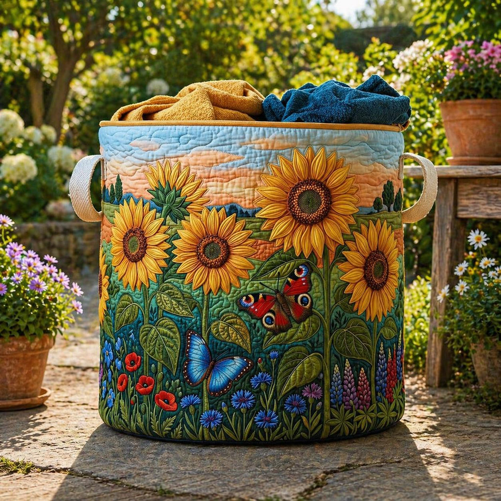 Wildflower Field Quilted Laundry Basket, Spring Floral Meadow Family Storage Bin, Botanical Hamper, Cozy Room Organizer