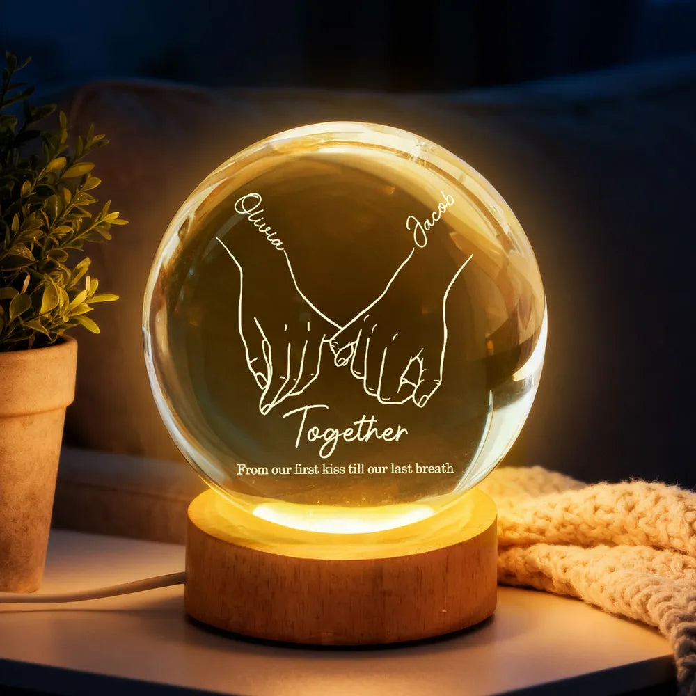 Couple Interlocked Hands - Personalized Crystal Ball LED Night Light, Valentines Day Wedding Anniversary Gift For Couple