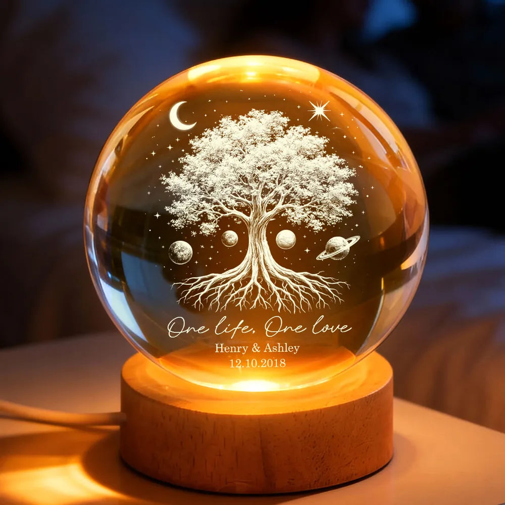 One Life One Love Couple Tree of Life - Personalized Crystal Ball LED, Valentines Day Wedding Anniversary Gift For Couple