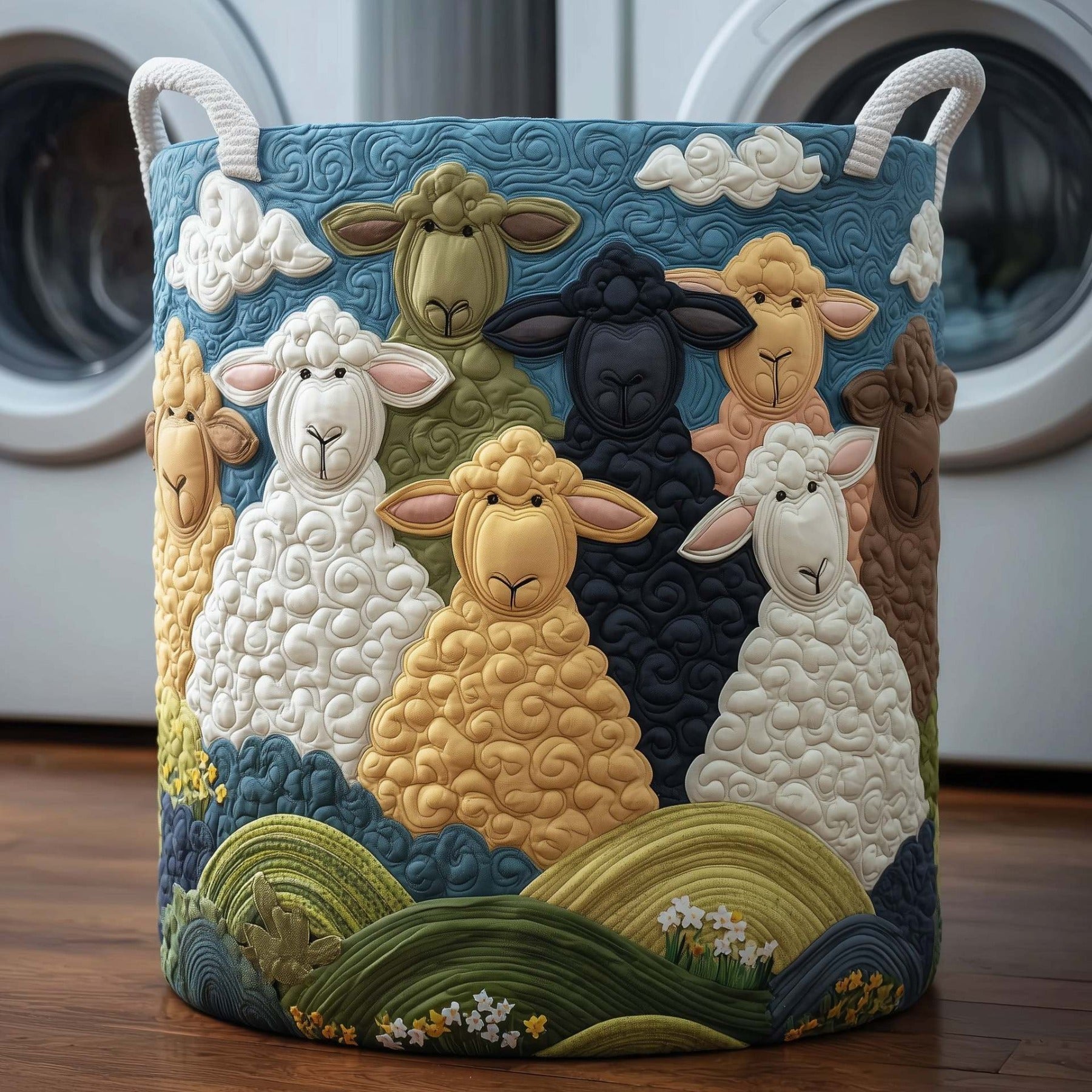 Floral Animal Print Quilted Laundry Basket, Large Circular Cloth Hamper with Handles, Fabric Storage Bin for Bedroom Bathroom