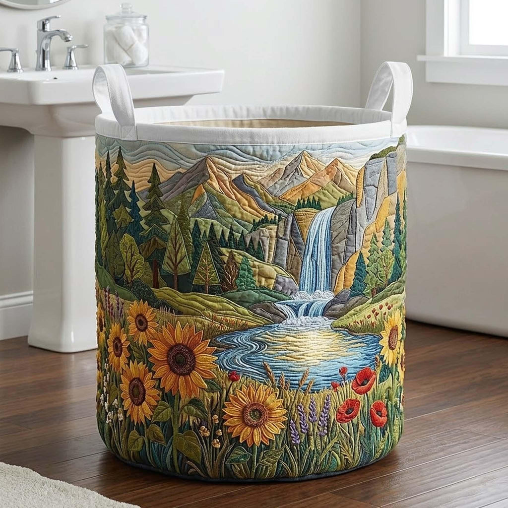 Blooming Forest Quilted Laundry Basket, Spring Fall Family Storage Bin, Floral Woodland Hamper, Cozy Nature Room Decor