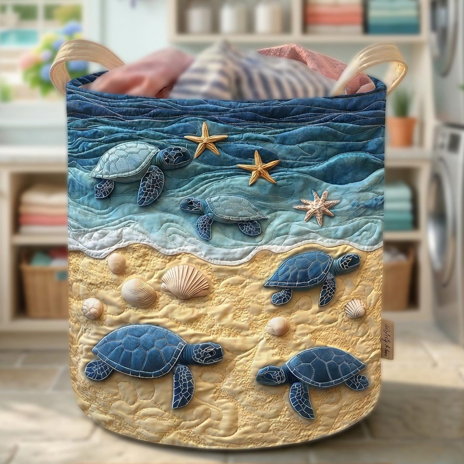 Sea Turtle Quilted Laundry Basket, Coastal Beach Hamper, Ocean Themed Storage Bin, Nautical Home Decor, Foldable Fabric Organizer Gift