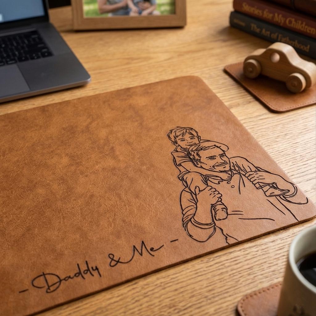 Personalized Dad Desk Mat, Custom Photo Sketch Line Art, Father's Day Gift for Husband, Daddy & Kid Picture, Desk Pad Mouse Mat