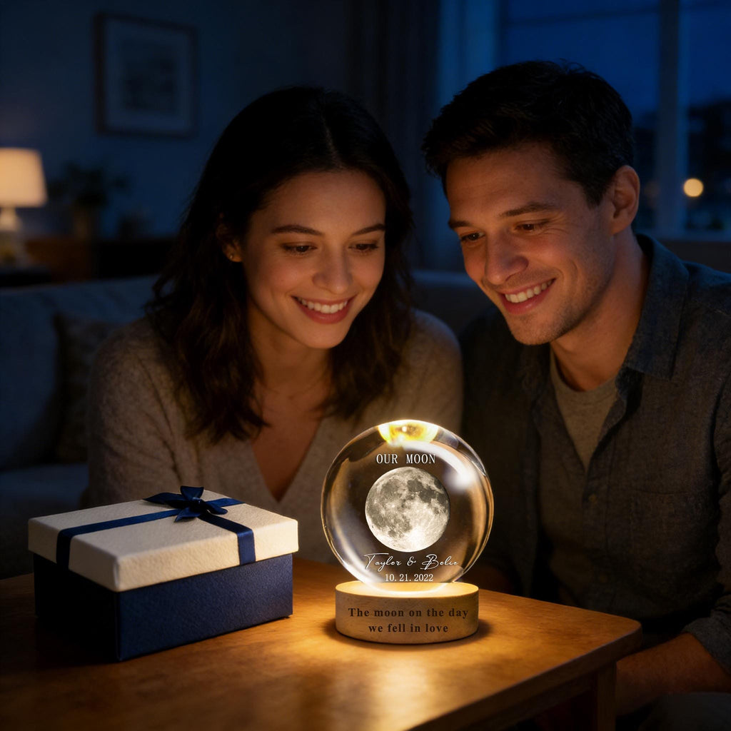 Our Moon Special Day Custom Moon Phase, Personalized Crystal Ball LED Night Light, Valentine's Day Gift for Couple, Husband, Boyfriend, Wife