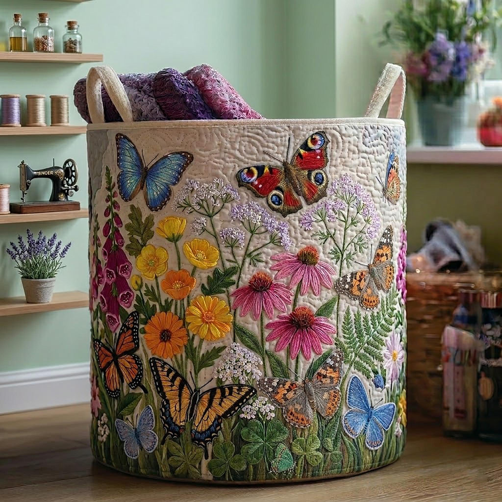Spring Flutter Garden Quilted Laundry Basket_ Wild Flowers Hamper, Floral Butterflies Storage Bin
