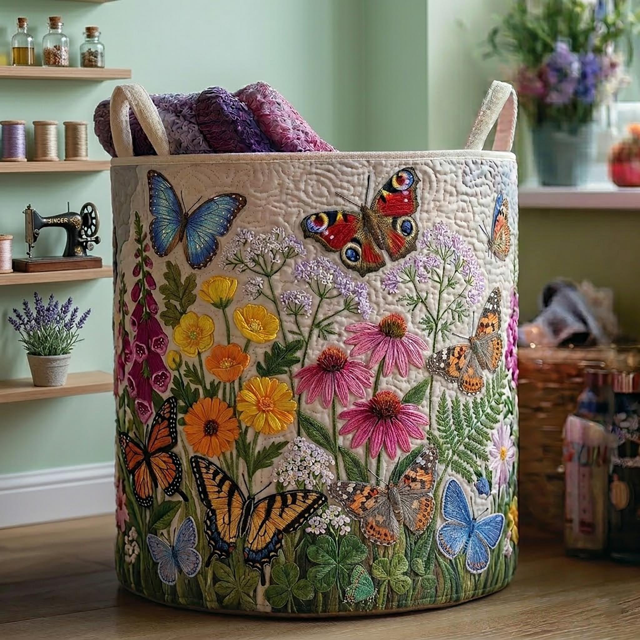 Spring Flutter Garden Quilted Laundry Basket_ Wild Flowers Hamper, Floral Butterflies Storage Bin