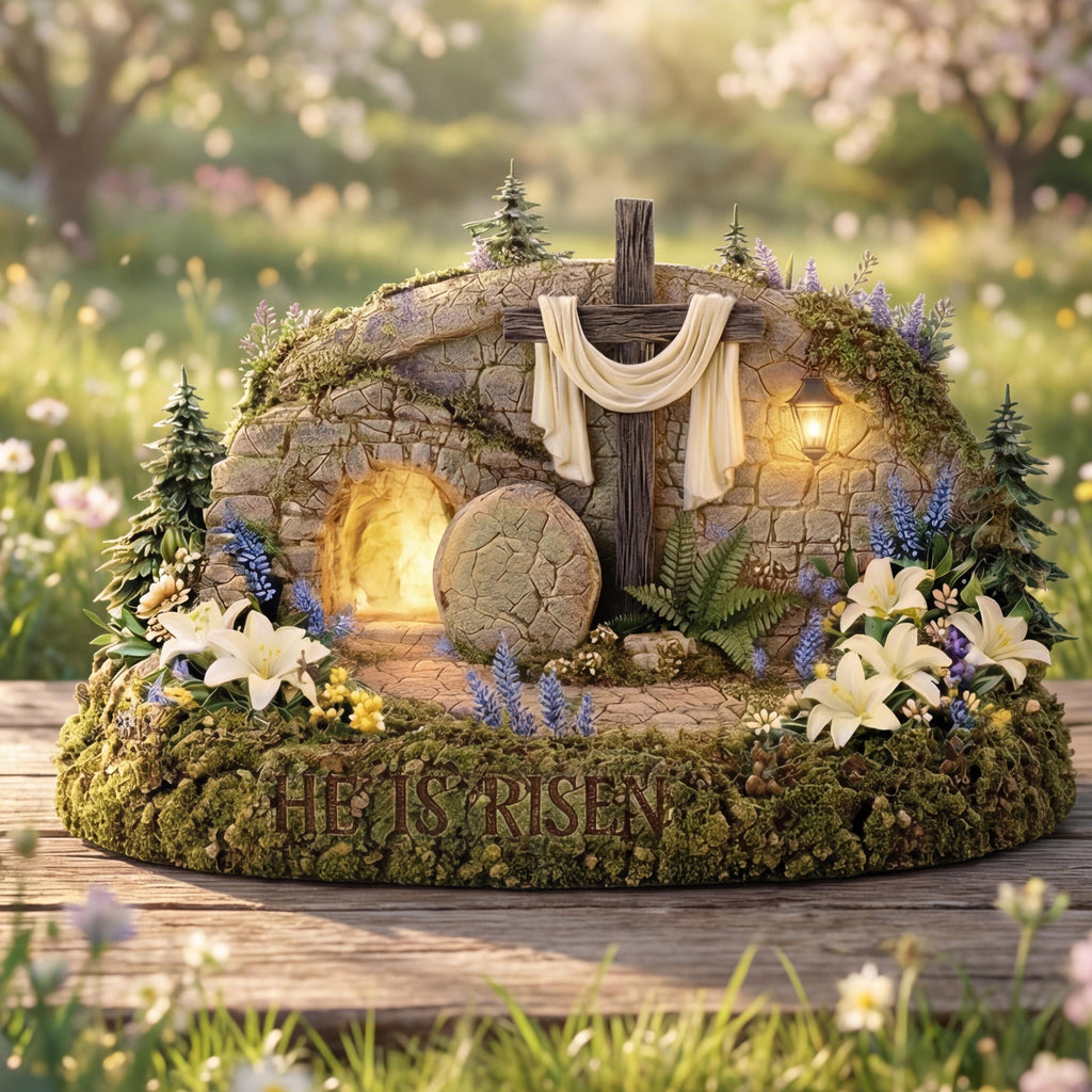 He is Risen Empty Tomb Wooden Block, Christian Easter Decor, Resurrection Scene Shelf Art, Religious Gift, Lighted Tabletop Sign