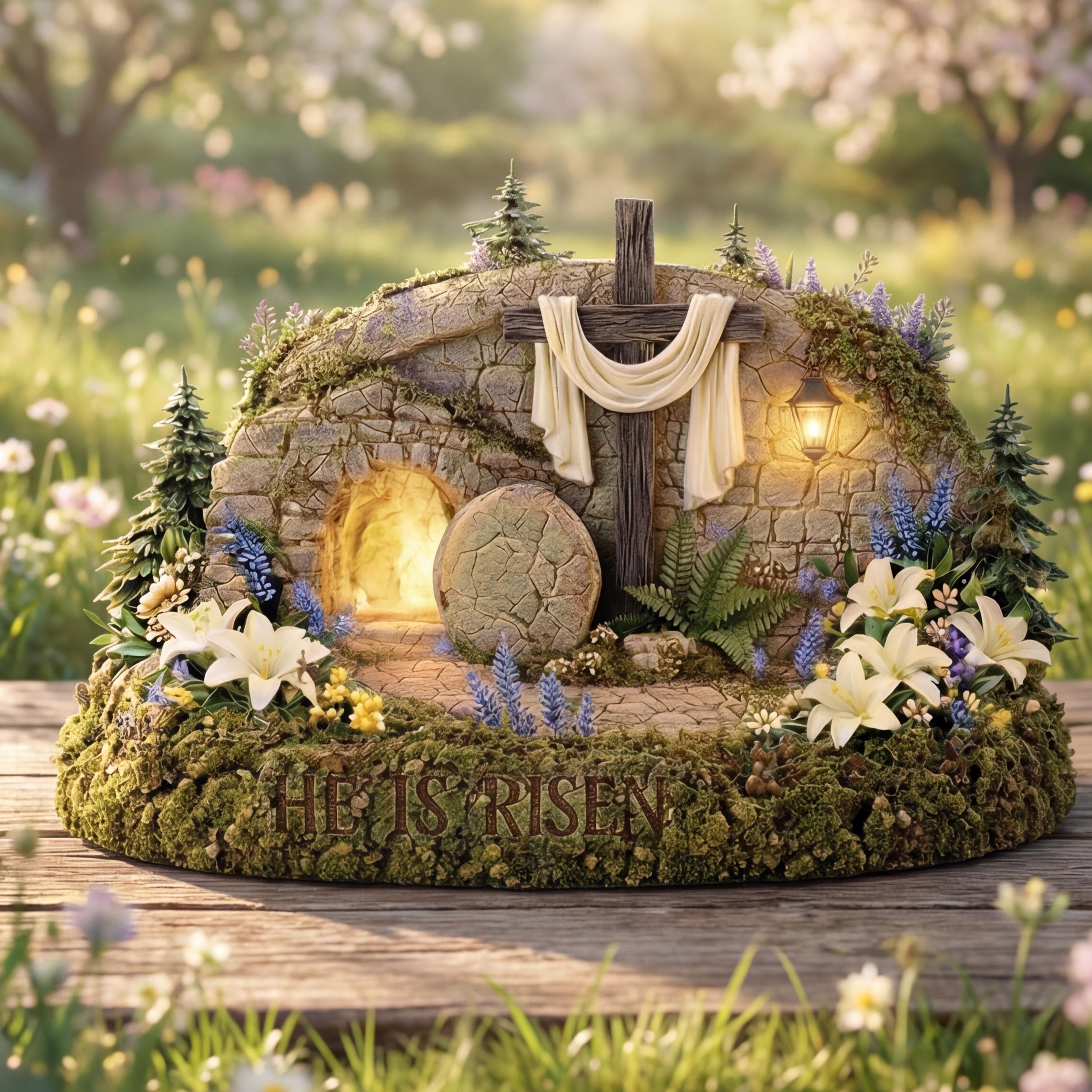 He is Risen Empty Tomb Wooden Block, Christian Easter Decor, Resurrection Scene Shelf Art, Religious Gift, Lighted Tabletop Sign