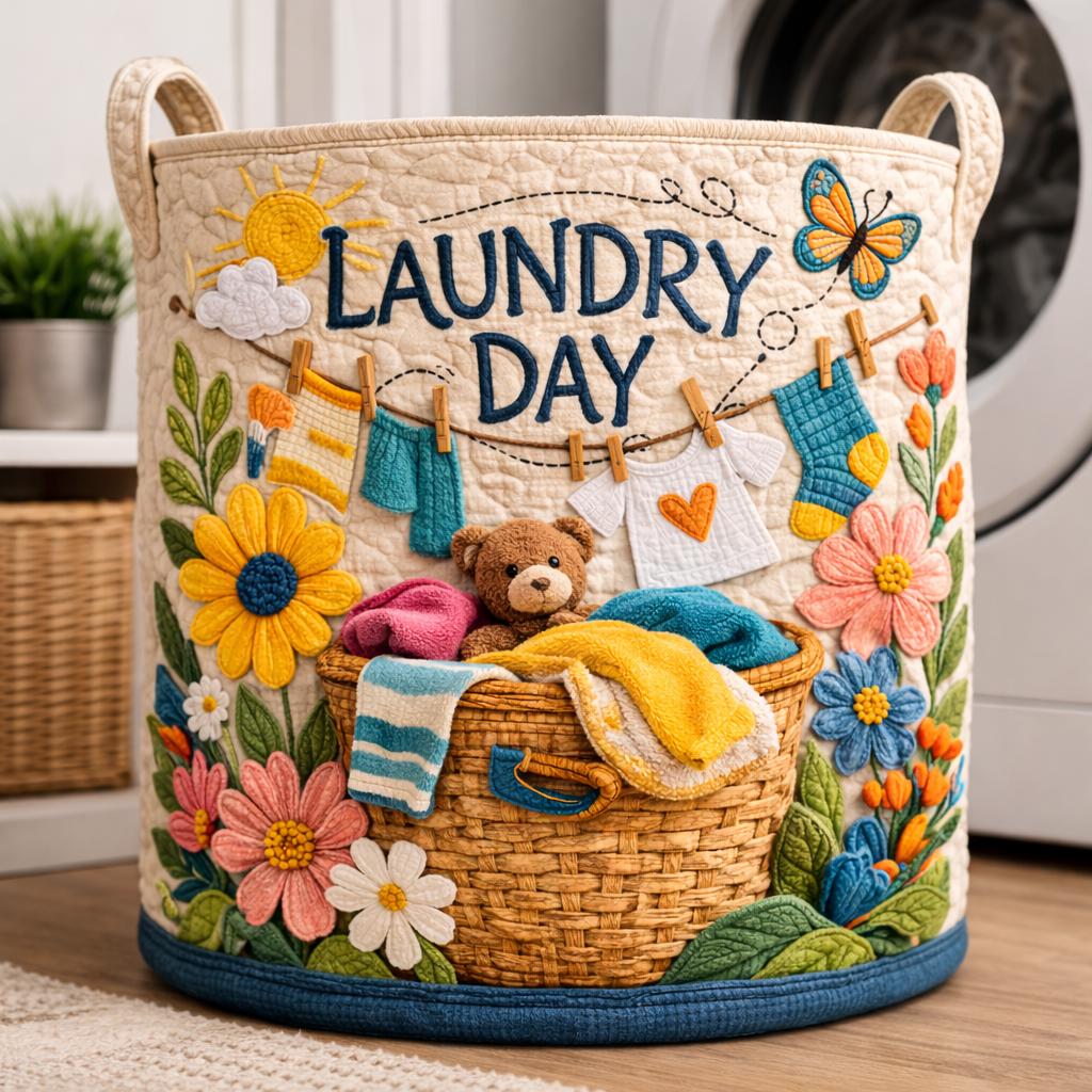 Quilted Laundry Basket, Floral Laundry Hamper With Teddy Bear Design, Cute Laundry Room Decor, Fabric Storage Basket