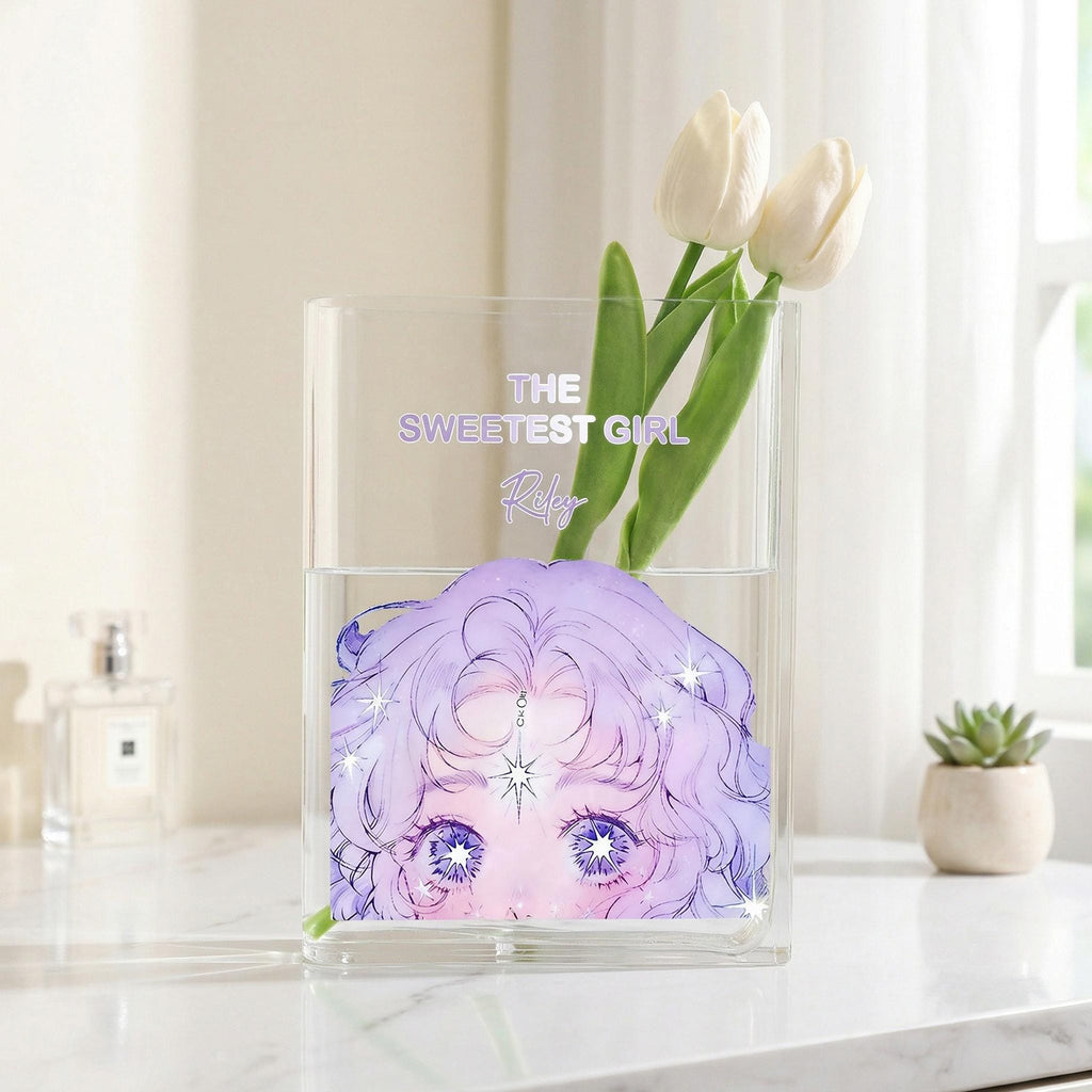 Anime Girl Acrylic Book Vase, the Sweetest Girl Bookish Vase, Cute Girl Face Book Shaped Vase, Aesthetic Decor, Custom Gift for Book Lovers