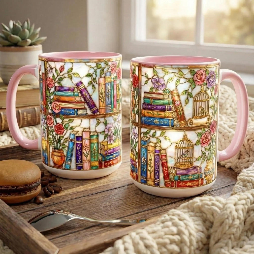 Stained-glass Style Floral Bookshelf Mug, Book Lover Gift, Bookish Mug, Library Cup, Gift Mug – Thoughtful Design for Coffee Lovers