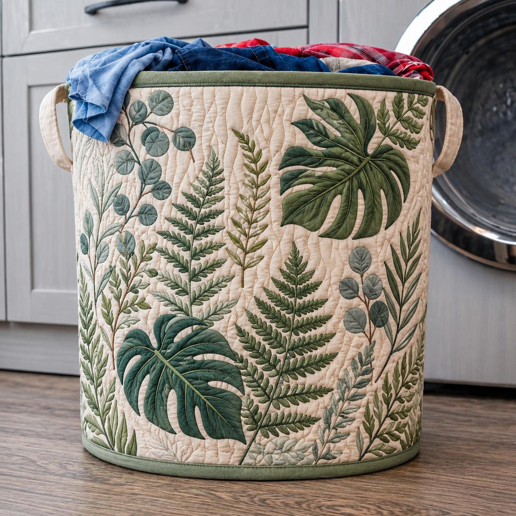 Quilted Laundry Basket, Tropical Leaf Design, Large Fabric Basket, Storage Bin for Clothes, Home Organization, Eco Friendly Laundry Hamper