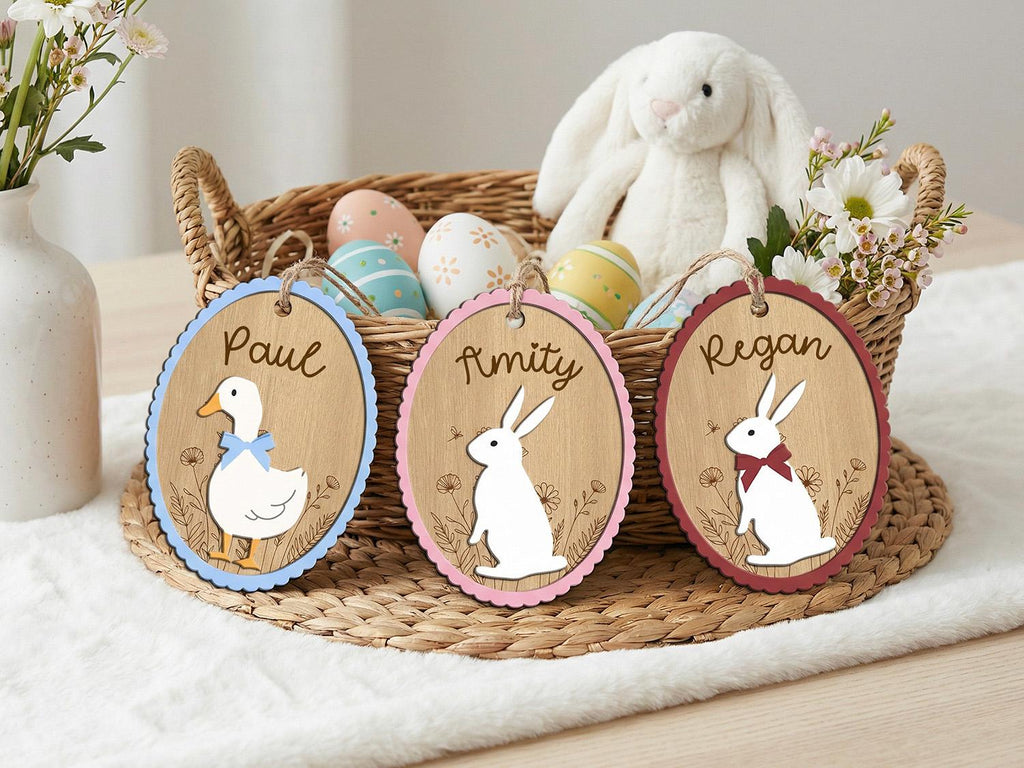 Personalized Easter Basket Tag, Custom Easter Name Tag, Bunny Goose Basket Tag, Kids Easter Gift, Easter Basket Decor