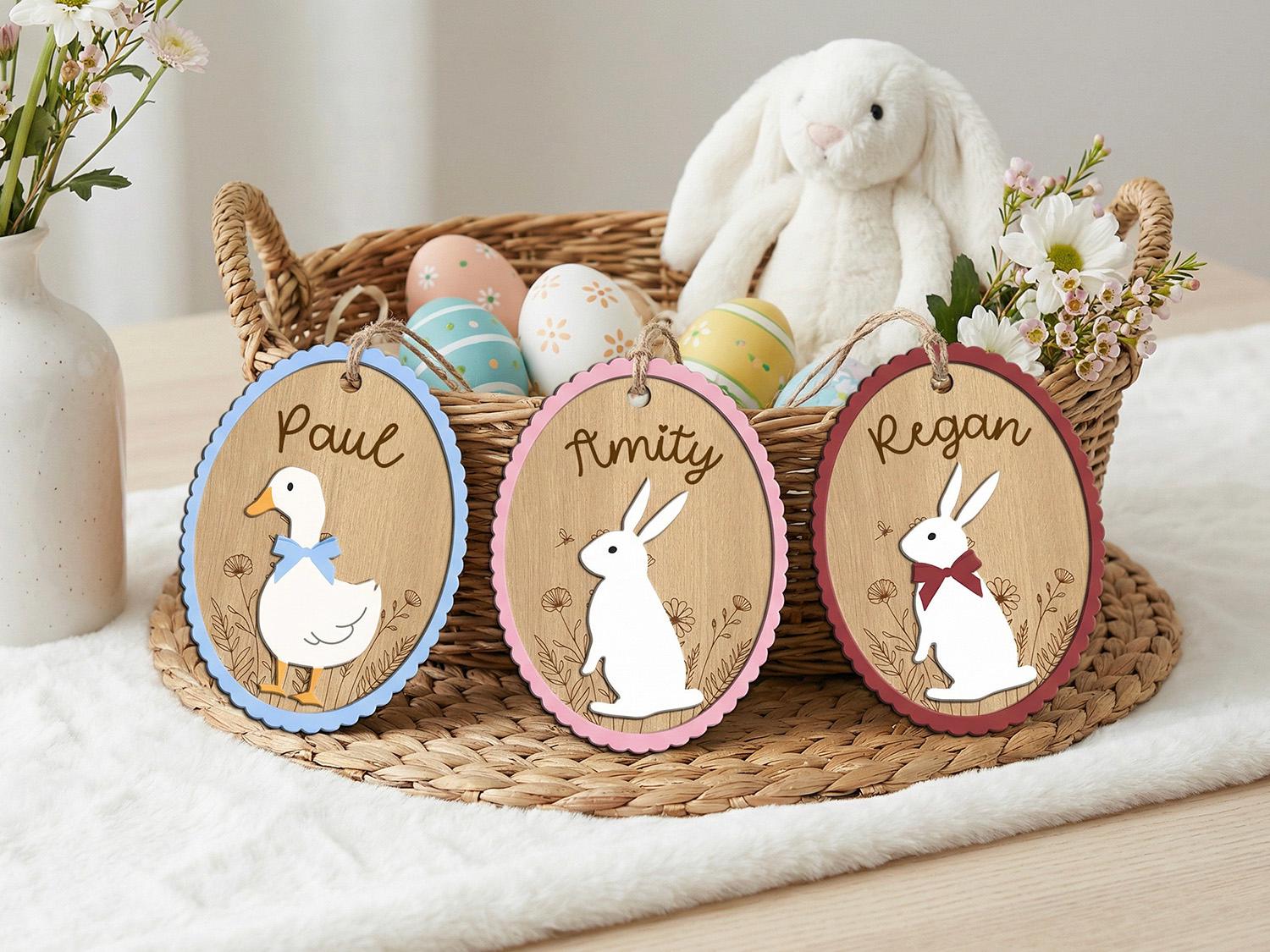Personalized Easter Basket Tag, Custom Easter Name Tag, Bunny Goose Basket Tag, Kids Easter Gift, Easter Basket Decor
