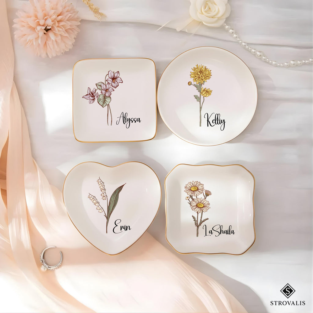 Personalised Birth Flower Trinket Dish, Custom Watercolor Flower Ring Dish, Wedding Bridesmaid Gift, Birthday Jewelry Dish, Christmas Gifts