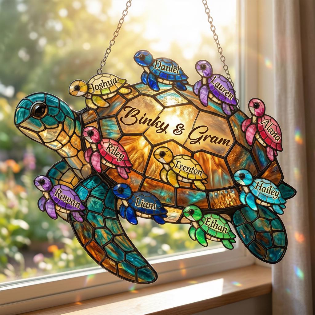 Personalized Grandma Sea Turtle Acrylic Suncatcher, Hanging Home Decor Gift for Granny Children Family, Adorable Birthday Mother's Day Gift