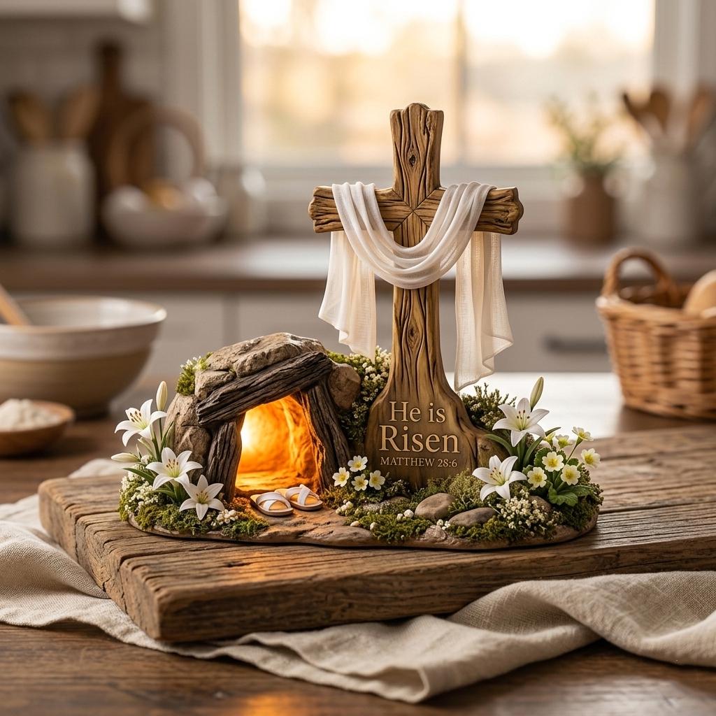 He is Risen Easter Decoration, Wooden Cross Tabletop Ornament, Matthew 28_6 Scripture Display, Christian Home Decor, Resurrection Gift