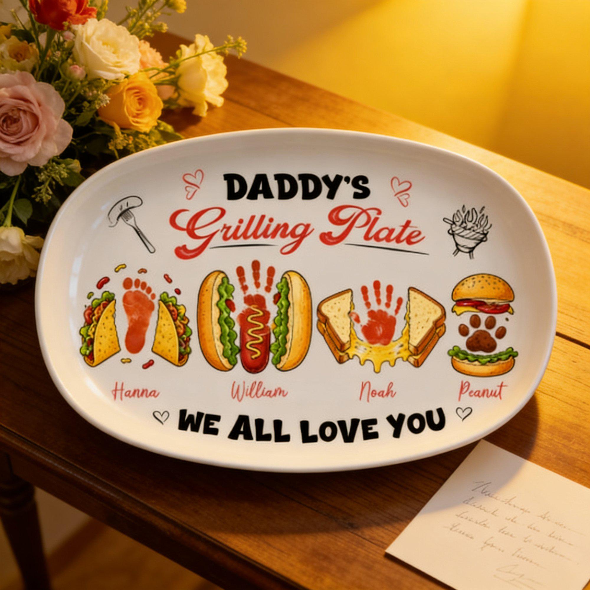 Custom Burger Hot Dog Handprint Footprint Platter, Personalized Grilling Plate Bbq Gift From Kids, Daddy's Grilling Plate Bbq Serving Tray