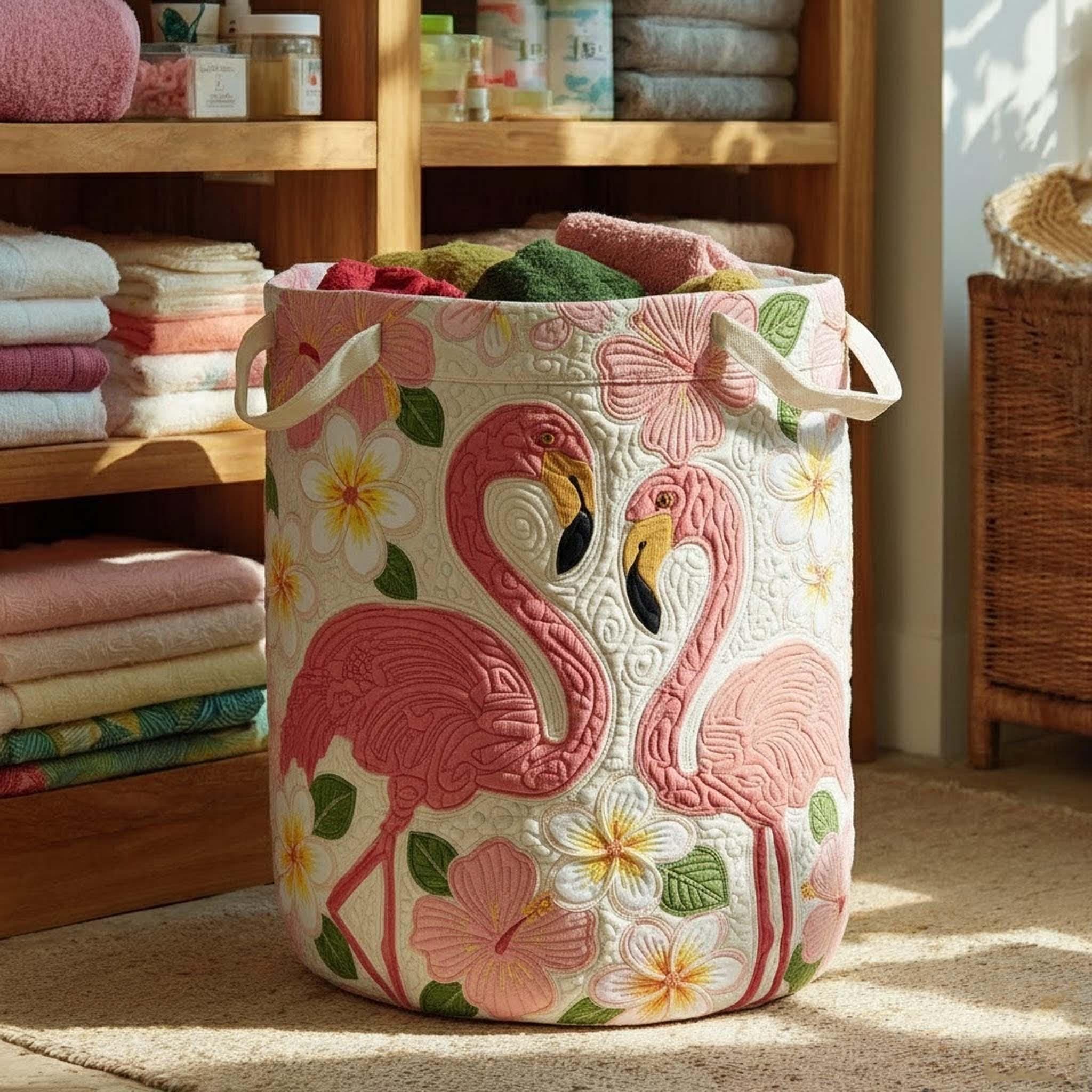 Pink Flamingo Quilted Laundry Basket, Tropical Floral Storage Bin, Quilted Flamingo Laundry Basket