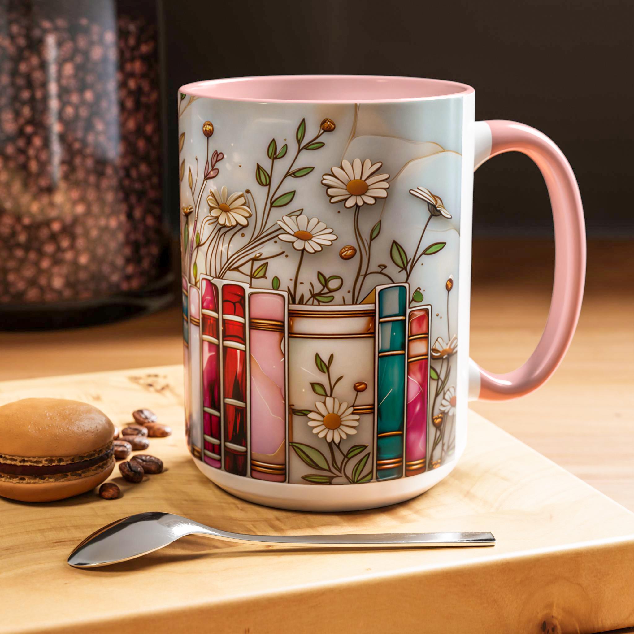 Stained Glass Floral Bookshelf Mug 15oz _ Book Lover Mug, Bookish Library Cup, Ceramic Coffee Cup, Aesthetic Library Decor for Her